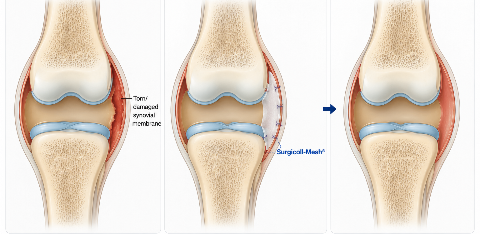 Diagram showing torn or damaged synovial membrane, application of Surgicoll-Mesh, and healed synovial membrane